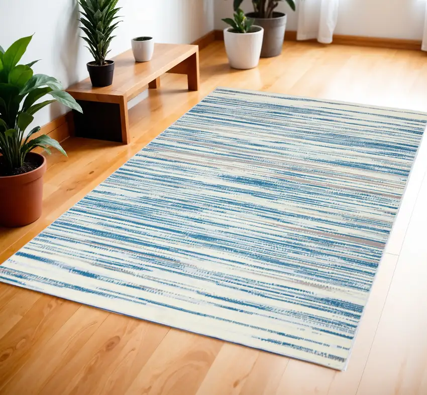 Ivory Blue and Gray Striped Area Rug Photo 1