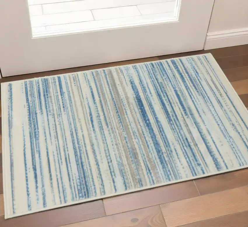 Ivory Blue and Gray Striped Area Rug Photo 1