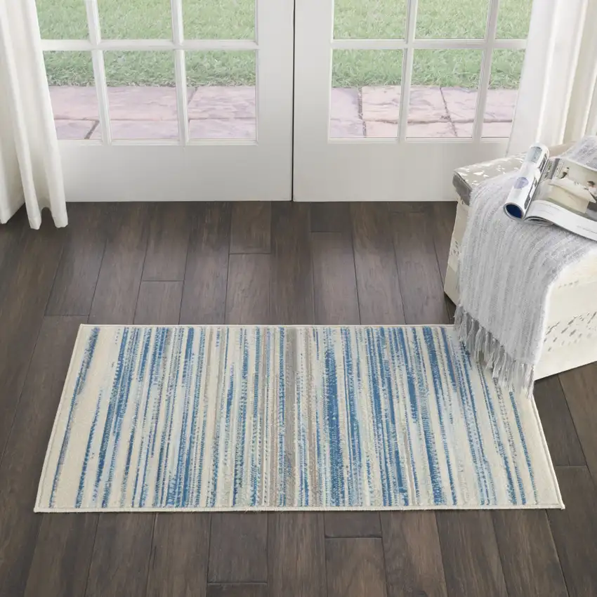 Ivory Blue and Gray Striped Area Rug Photo 5