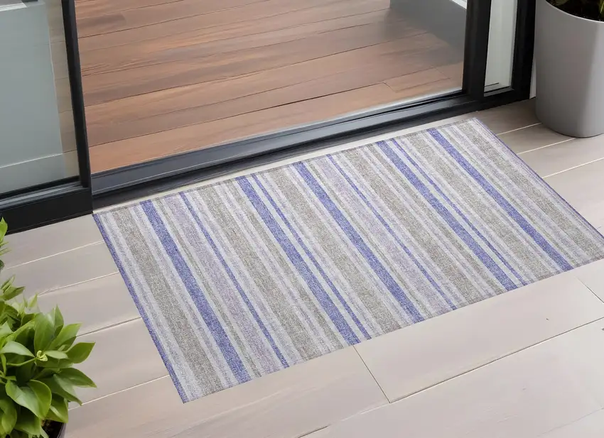 Ivory Blue and Gray Striped Washable Non Skid Indoor Outdoor Area Rug Photo 1