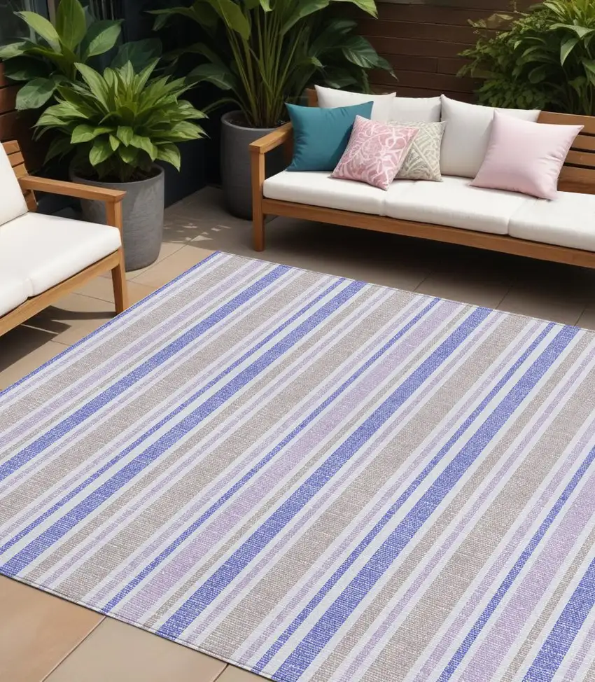 Ivory Blue and Gray Striped Washable Indoor Outdoor Area Rug Photo 1