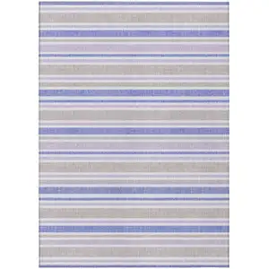 Photo of Ivory Blue and Gray Striped Washable Non Skid Indoor Outdoor Area Rug