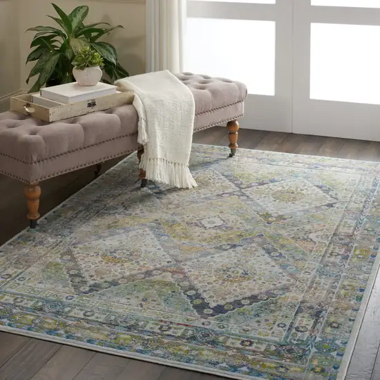 Ivory Blue and Green Floral Distressed Non Skid Area Rug Photo 7