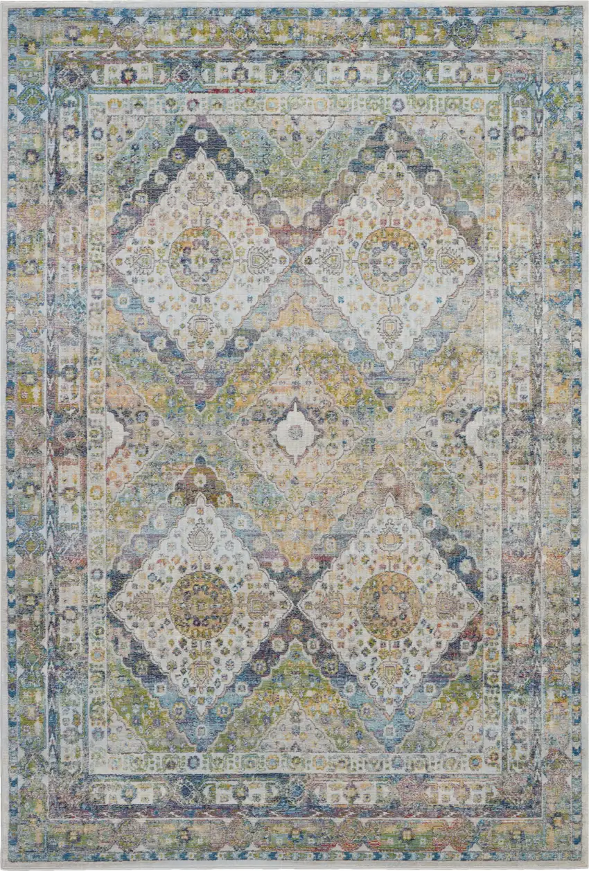 Ivory Blue and Green Floral Distressed Non Skid Area Rug Photo 2