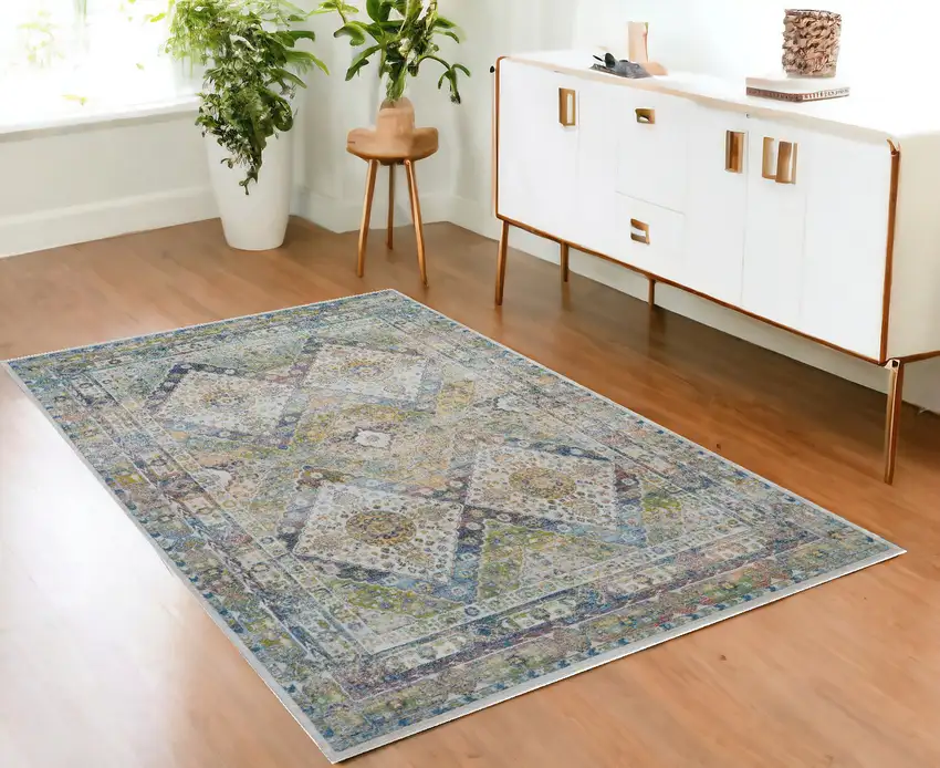 Ivory Blue and Green Floral Distressed Non Skid Area Rug Photo 1