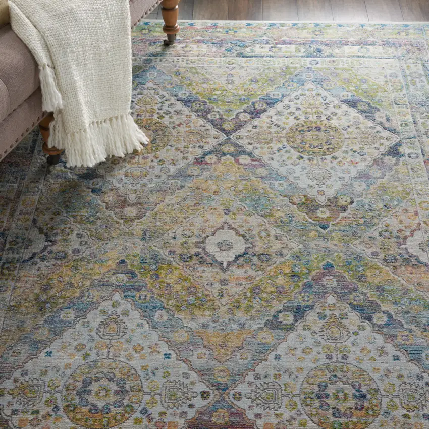 Ivory Blue and Green Floral Distressed Non Skid Area Rug Photo 6