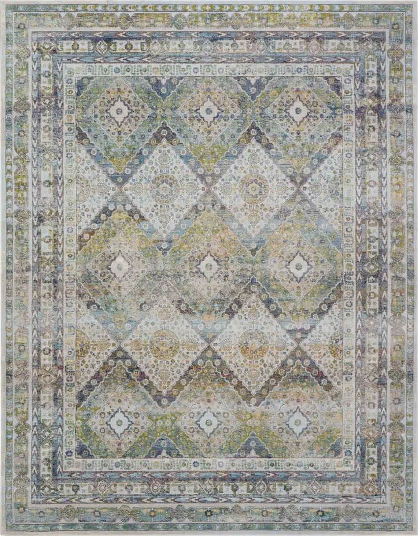 Ivory Blue and Green Floral Distressed Non Skid Area Rug Photo 5