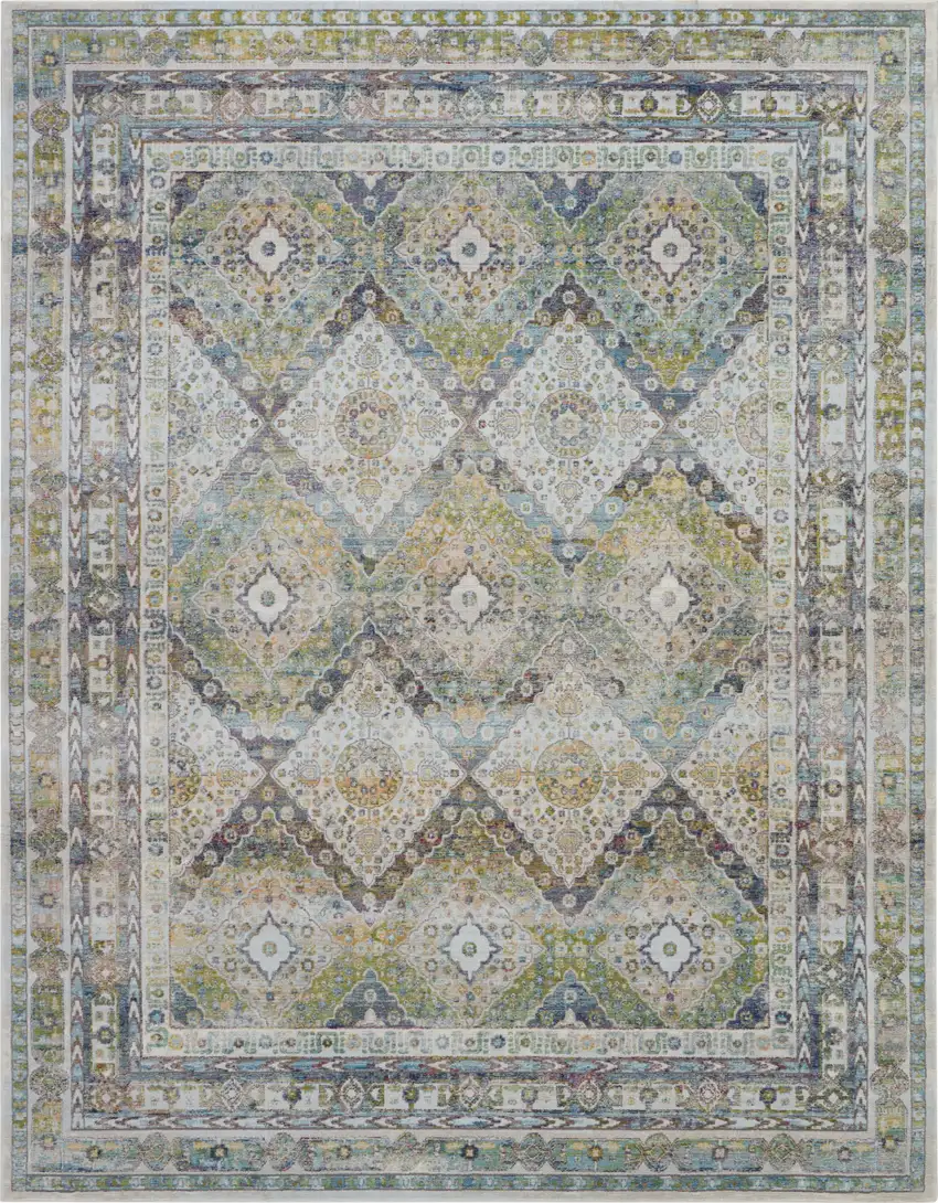 Ivory Blue and Green Floral Distressed Non Skid Area Rug Photo 2