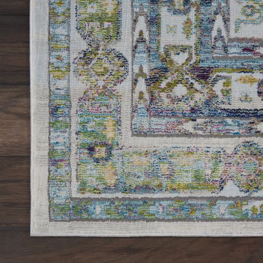 Ivory Blue and Green Floral Distressed Non Skid Area Rug Photo 4
