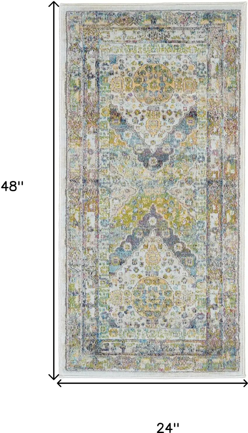 Ivory Blue and Green Floral Distressed Non Skid Area Rug Photo 3