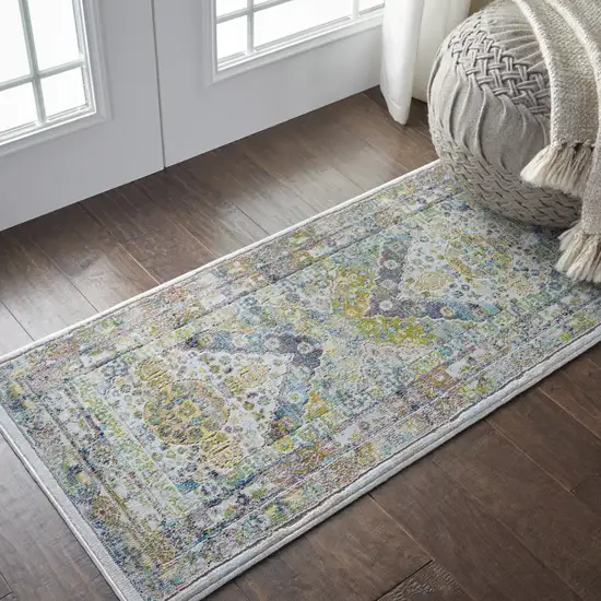 Ivory Blue and Green Floral Distressed Non Skid Area Rug Photo 4