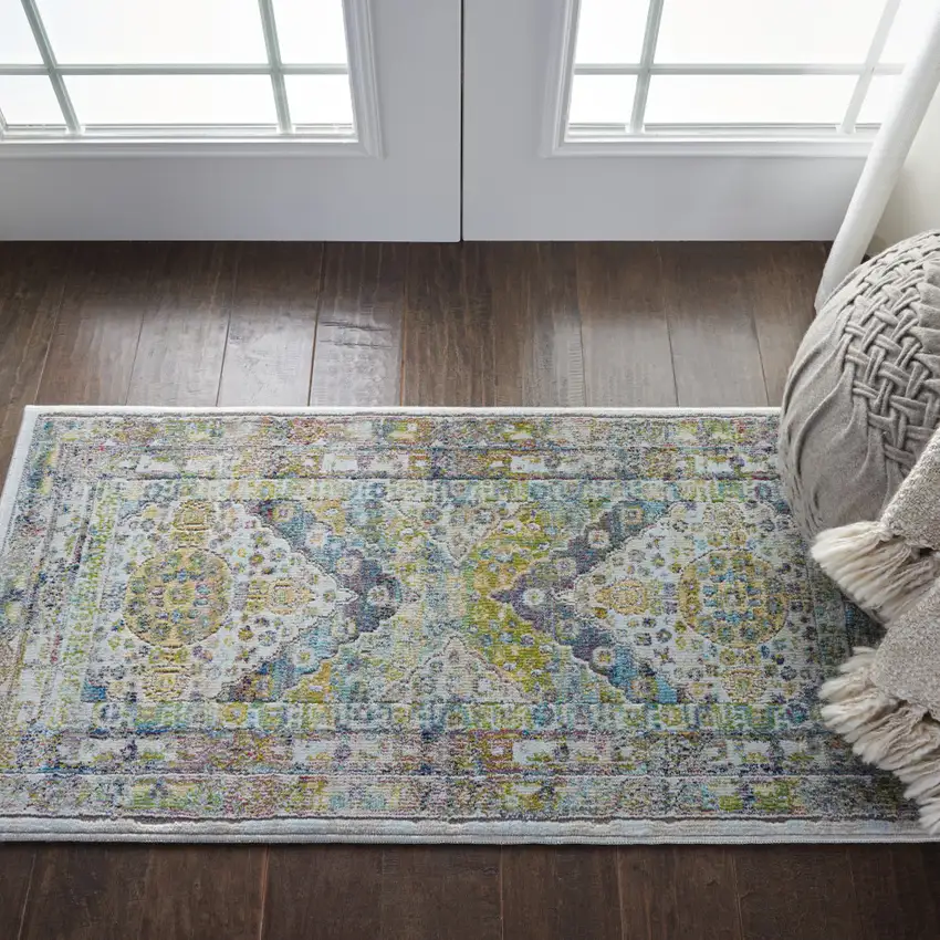 Ivory Blue and Green Floral Distressed Non Skid Area Rug Photo 9