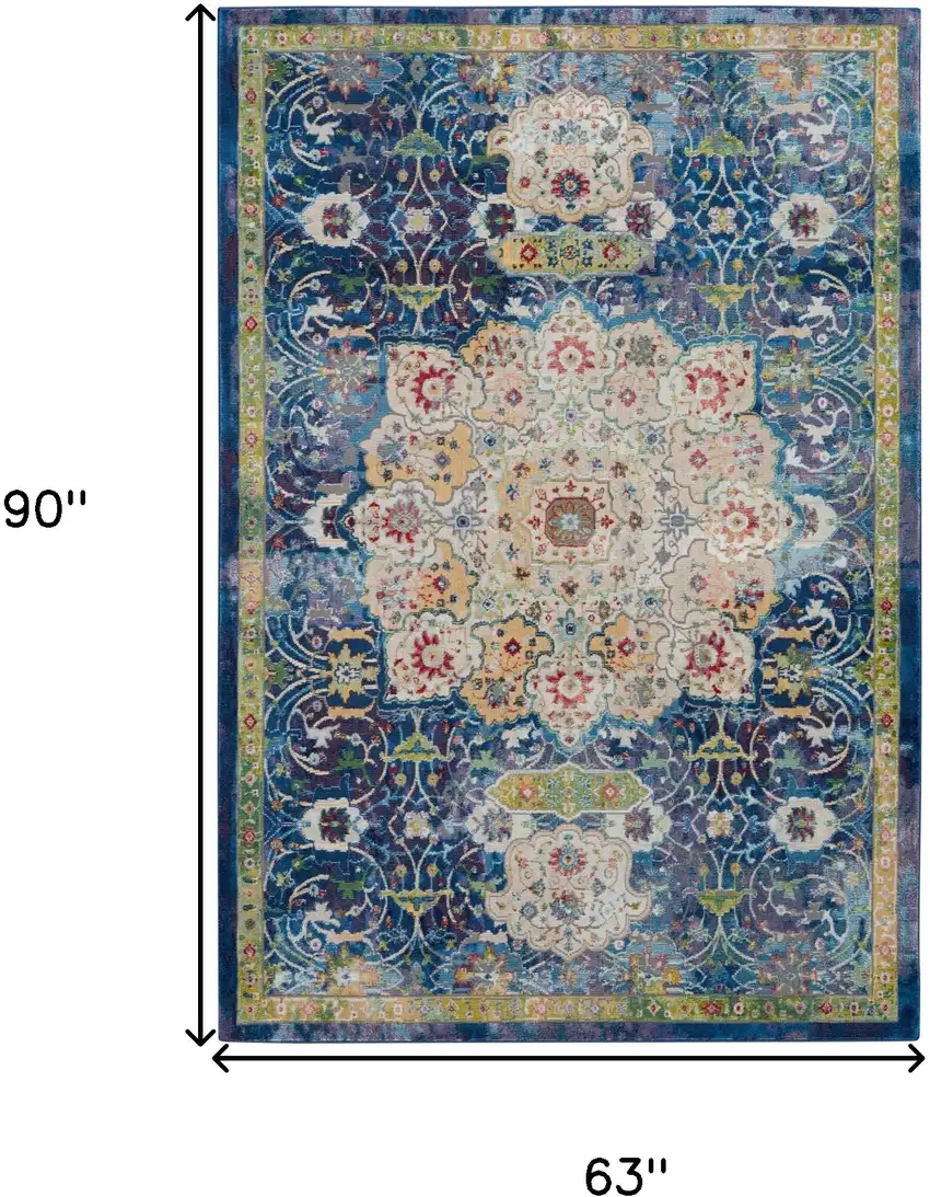 Ivory Blue and Green Floral Medallion Distressed Non Skid Area Rug Photo 3