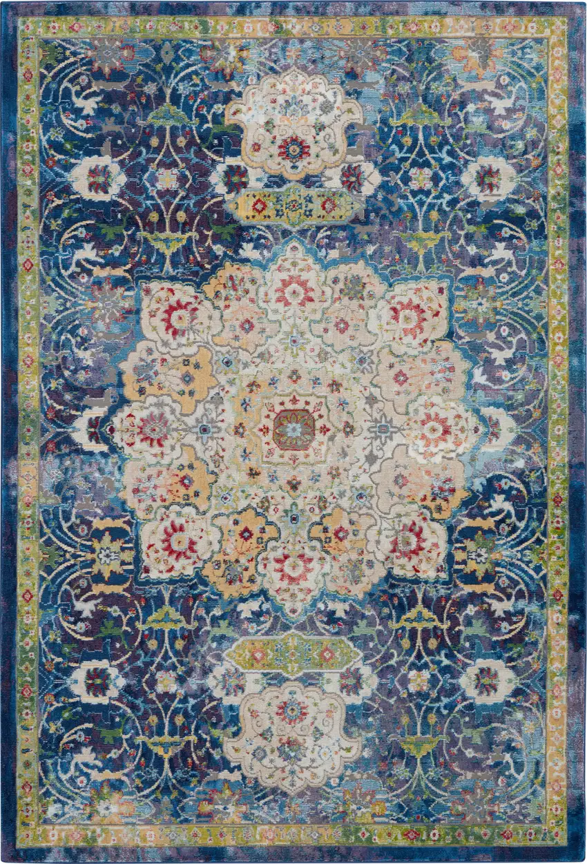 Ivory Blue and Green Floral Medallion Distressed Non Skid Area Rug Photo 2