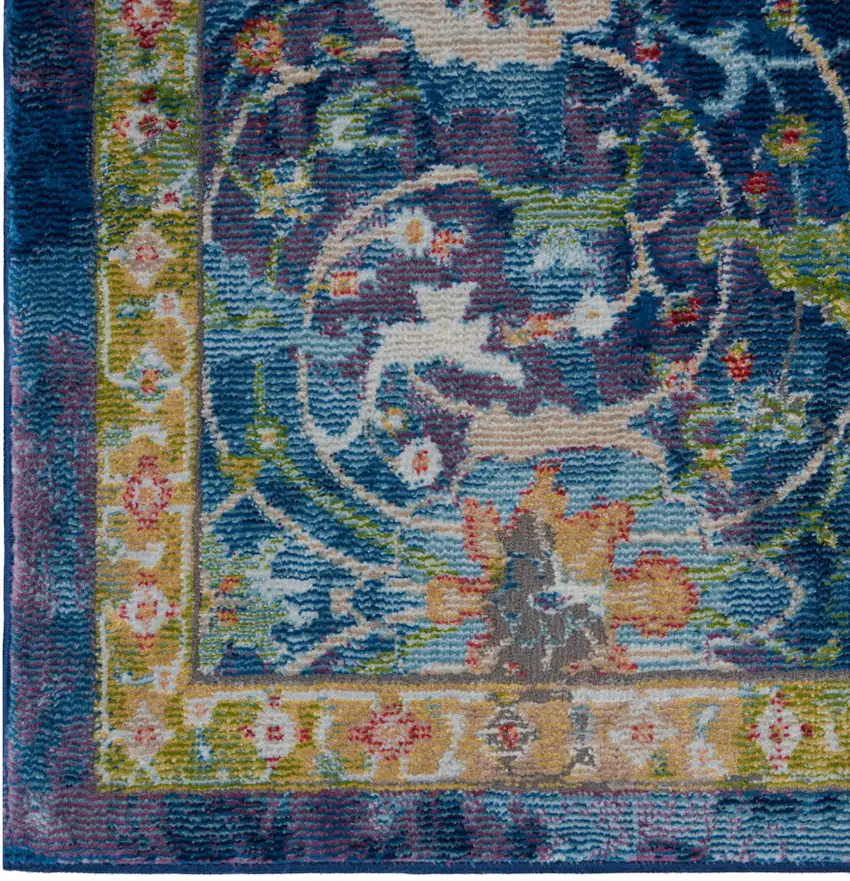 Ivory Blue and Green Floral Medallion Distressed Non Skid Area Rug Photo 7