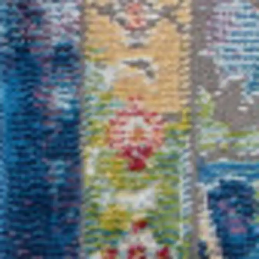 Ivory Blue and Green Floral Medallion Distressed Non Skid Area Rug Photo 8