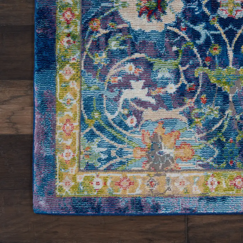 Ivory Blue and Green Floral Medallion Distressed Non Skid Area Rug Photo 9