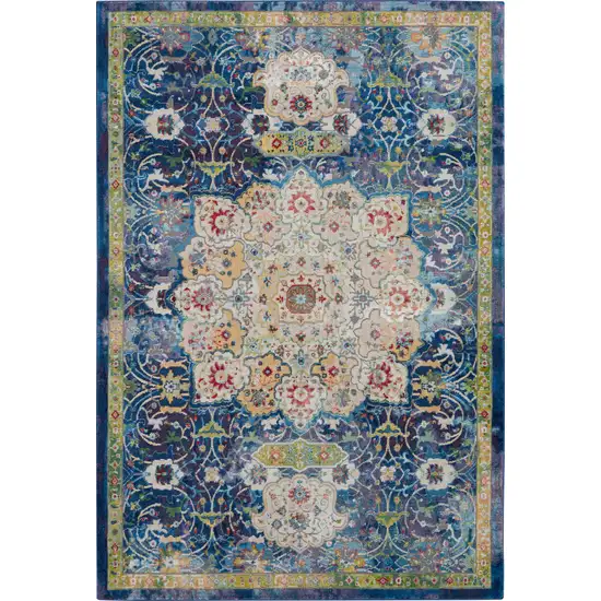 Ivory Blue and Green Floral Medallion Distressed Non Skid Area Rug Photo 1
