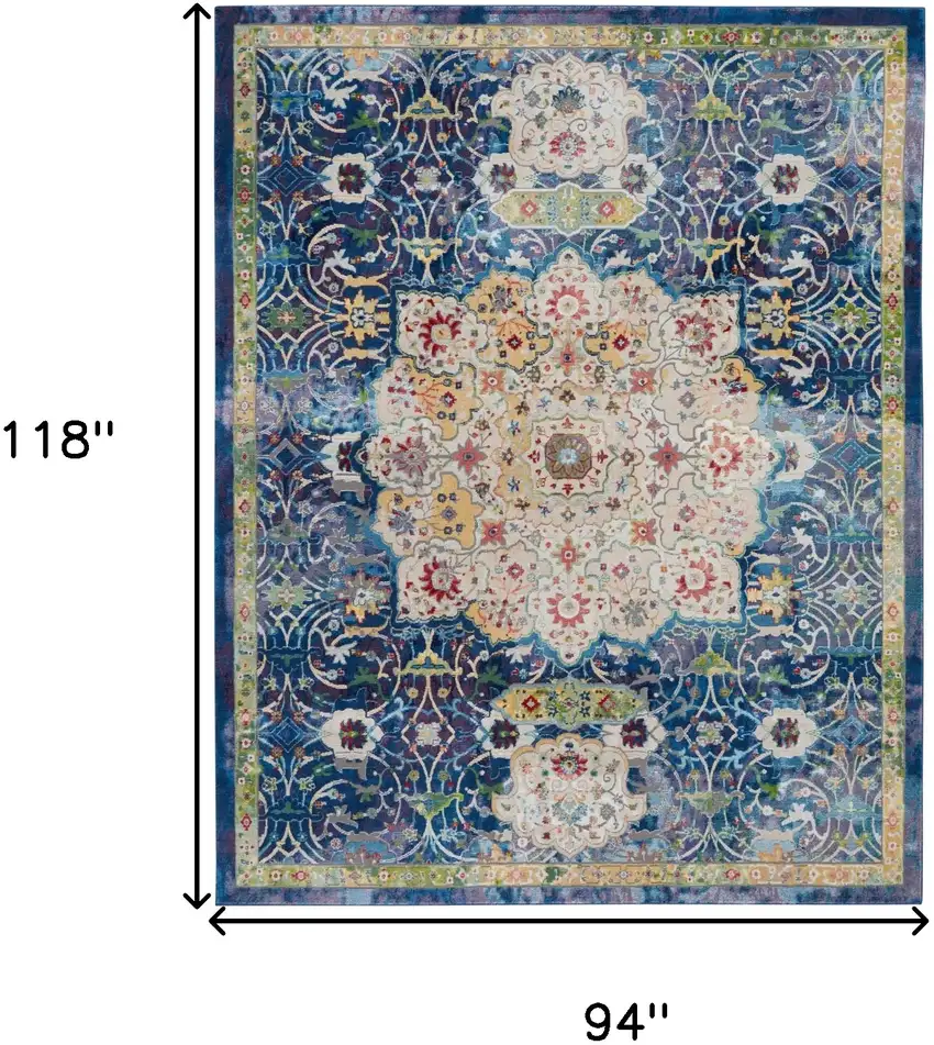 Ivory Blue and Green Floral Medallion Distressed Non Skid Area Rug Photo 3