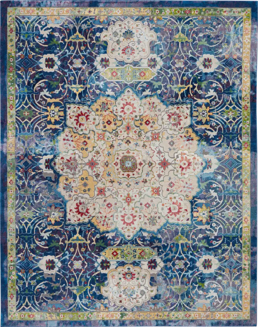 Ivory Blue and Green Floral Medallion Distressed Non Skid Area Rug Photo 2