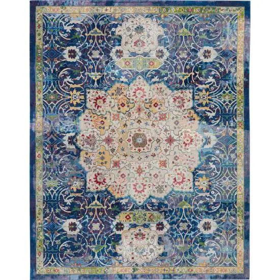 Ivory Blue and Green Floral Medallion Distressed Non Skid Area Rug Photo 1