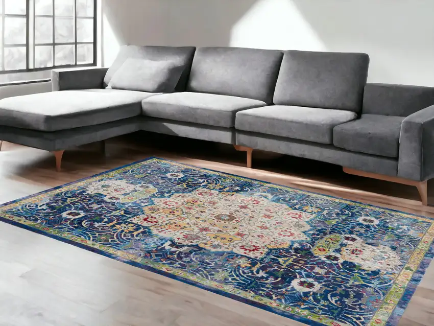 Ivory Blue and Green Floral Medallion Distressed Non Skid Area Rug Photo 1
