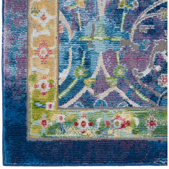 Ivory Blue and Green Floral Medallion Distressed Non Skid Area Rug Photo 9