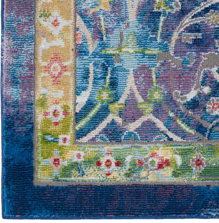 Ivory Blue and Green Floral Medallion Distressed Non Skid Area Rug Photo 9