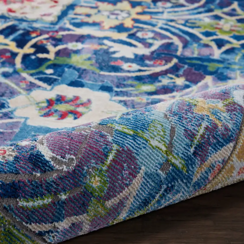 Ivory Blue and Green Floral Medallion Distressed Non Skid Area Rug Photo 8