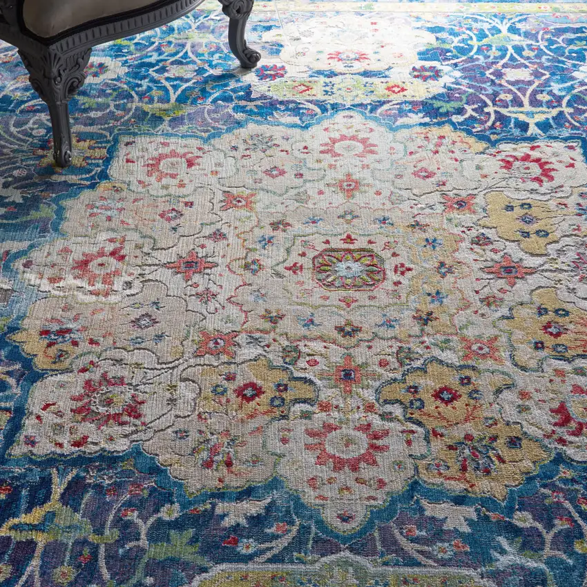 Ivory Blue and Green Floral Medallion Distressed Non Skid Area Rug Photo 4