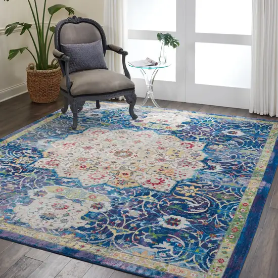 Ivory Blue and Green Floral Medallion Distressed Non Skid Area Rug Photo 5