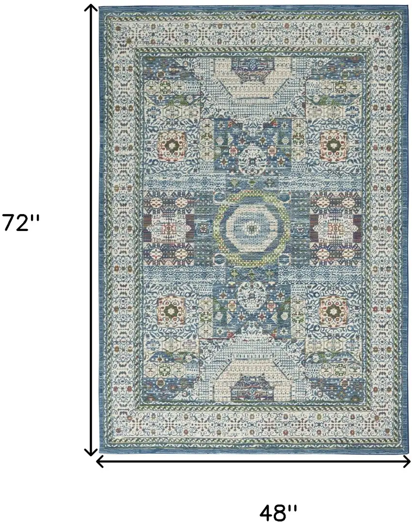 Ivory Blue and Green Oriental Distressed Non Skid Area Rug Photo 3