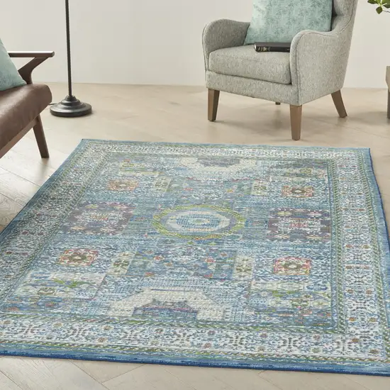Ivory Blue and Green Oriental Distressed Non Skid Area Rug Photo 3