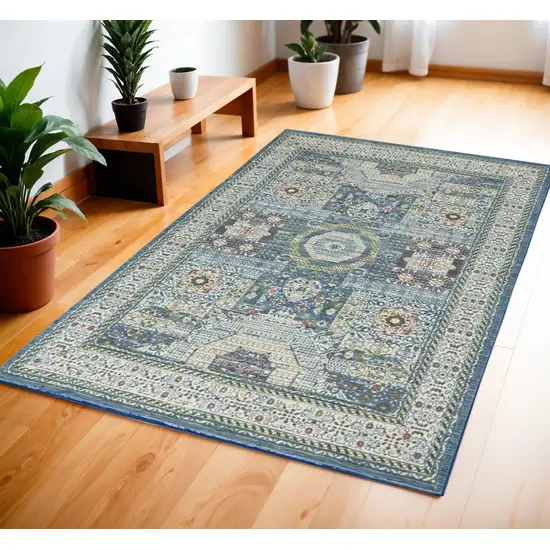 Ivory Blue and Green Oriental Distressed Non Skid Area Rug Photo 1