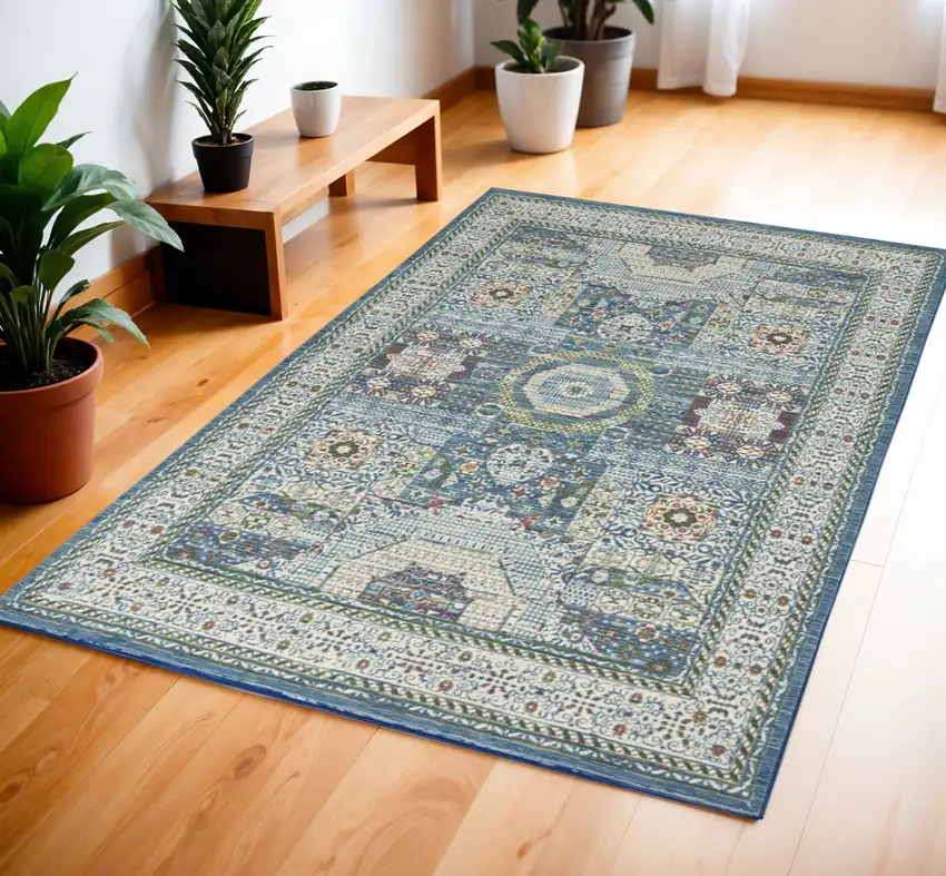 Ivory Blue and Green Oriental Distressed Non Skid Area Rug Photo 1