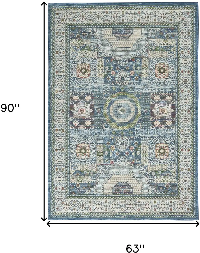 Ivory Blue and Green Oriental Distressed Non Skid Area Rug Photo 3