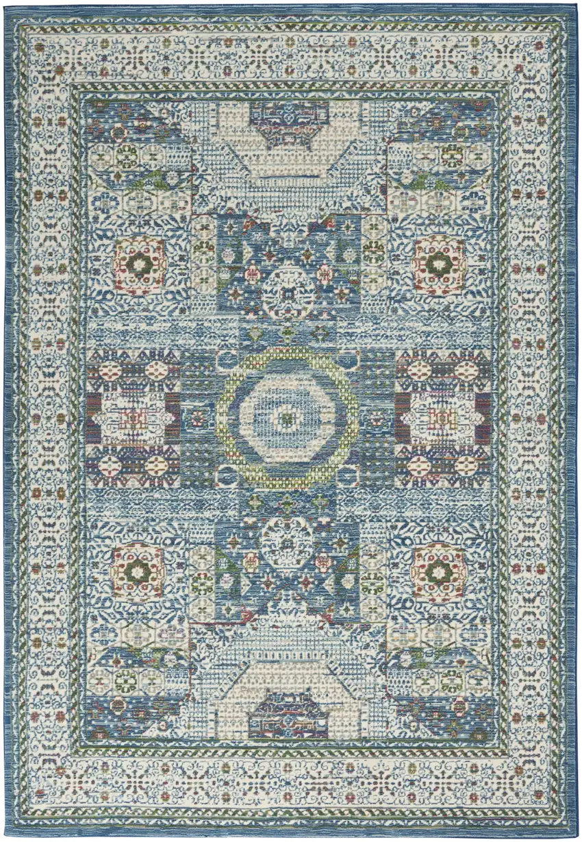 Ivory Blue and Green Oriental Distressed Non Skid Area Rug Photo 1