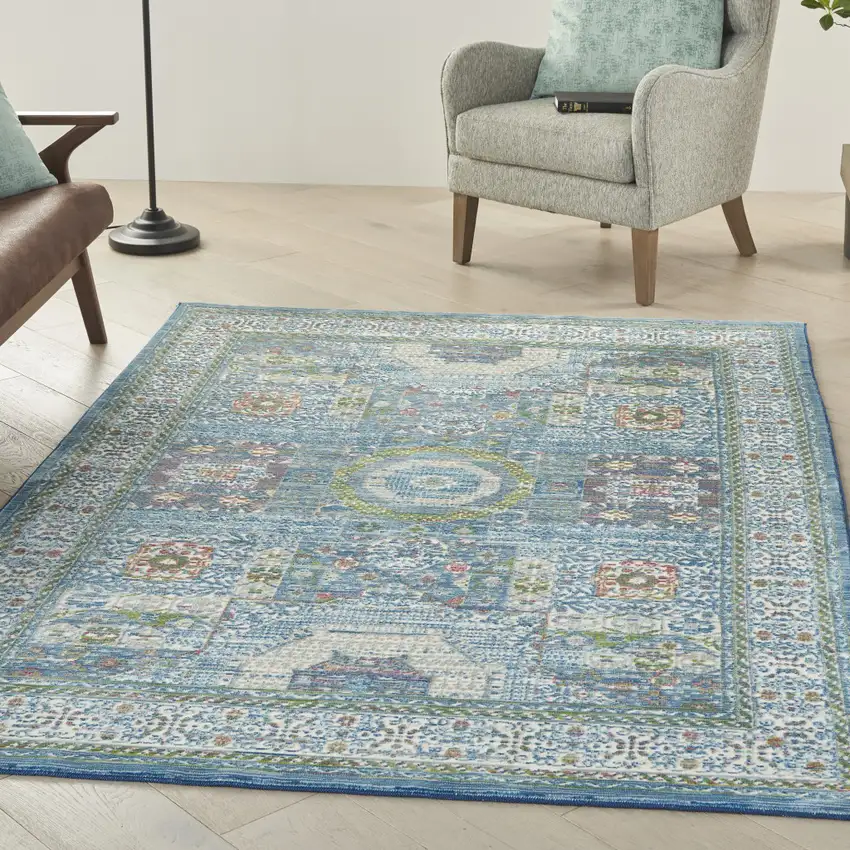 Ivory Blue and Green Oriental Distressed Non Skid Area Rug Photo 3