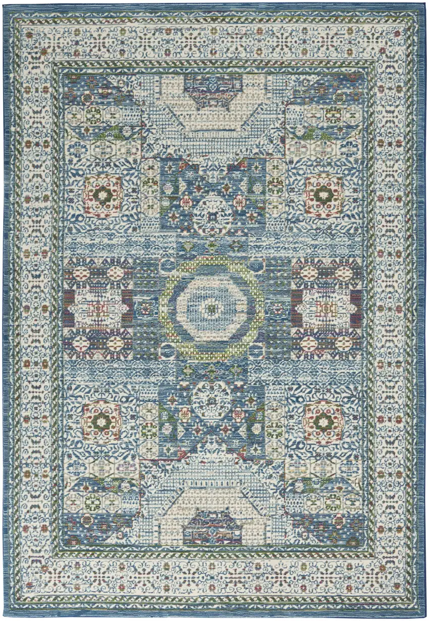 Ivory Blue and Green Oriental Distressed Non Skid Area Rug Photo 2