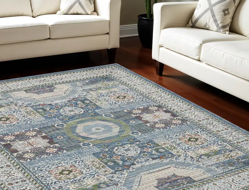 Ivory Blue and Green Oriental Distressed Non Skid Area Rug Photo 1