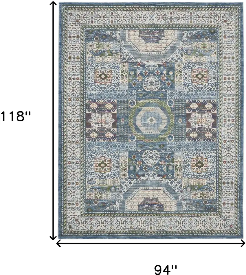Ivory Blue and Green Oriental Distressed Non Skid Area Rug Photo 3