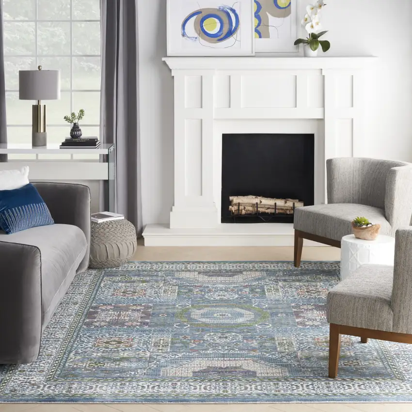 Ivory Blue and Green Oriental Distressed Non Skid Area Rug Photo 4