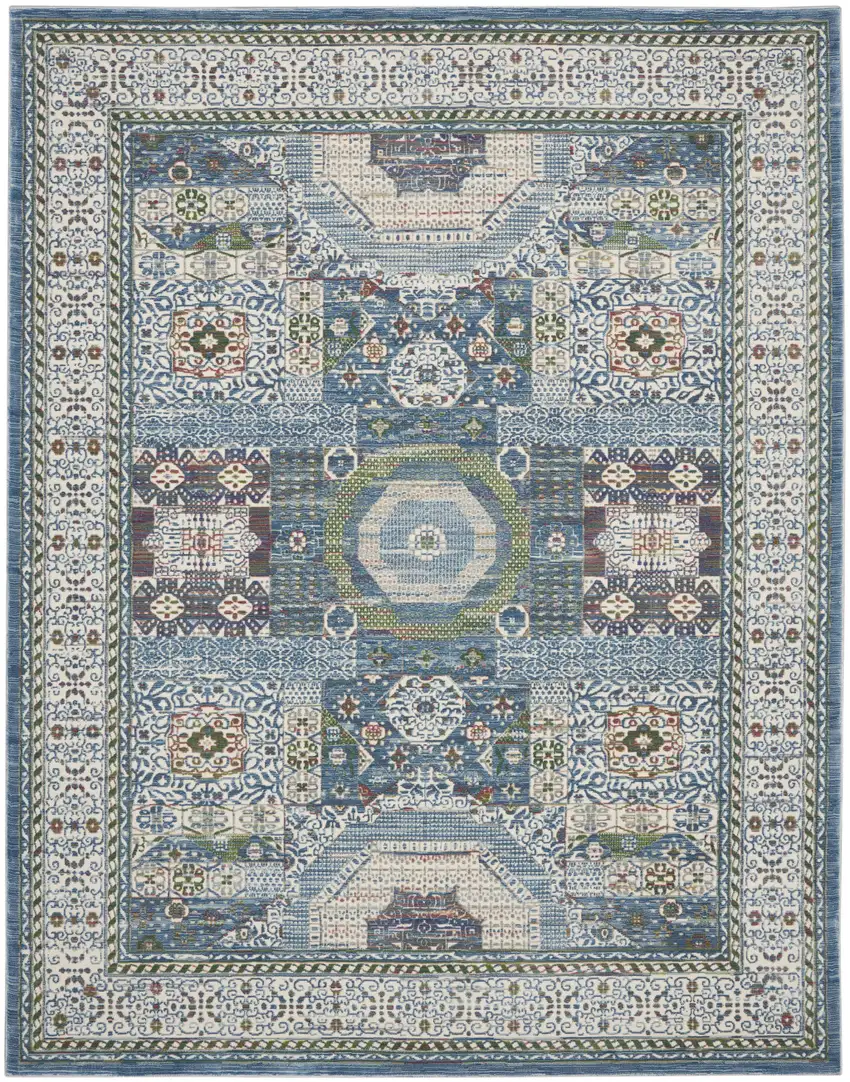 Ivory Blue and Green Oriental Distressed Non Skid Area Rug Photo 2