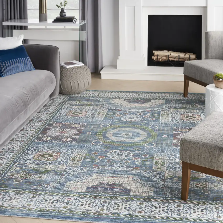 Ivory Blue and Green Oriental Distressed Non Skid Area Rug Photo 3