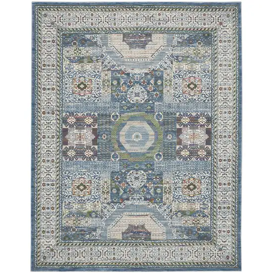 Ivory Blue and Green Oriental Distressed Non Skid Area Rug Photo 1