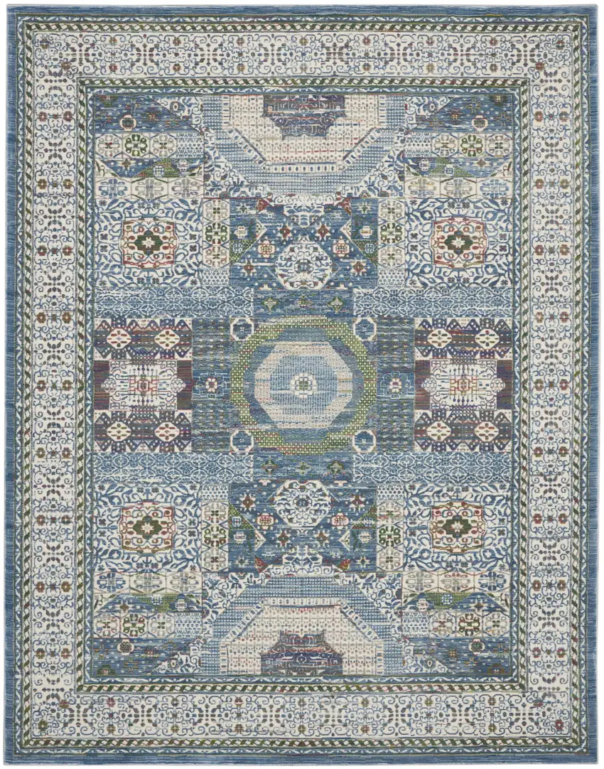 Ivory Blue and Green Oriental Distressed Non Skid Area Rug Photo 1