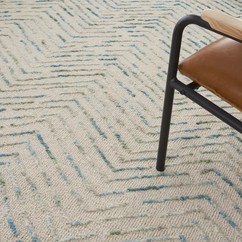 Ivory Blue and Green Wool Chevron Area Rug Photo 4