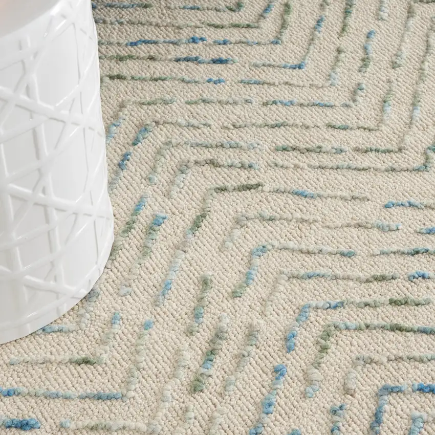 Ivory Blue and Green Wool Chevron Area Rug Photo 8