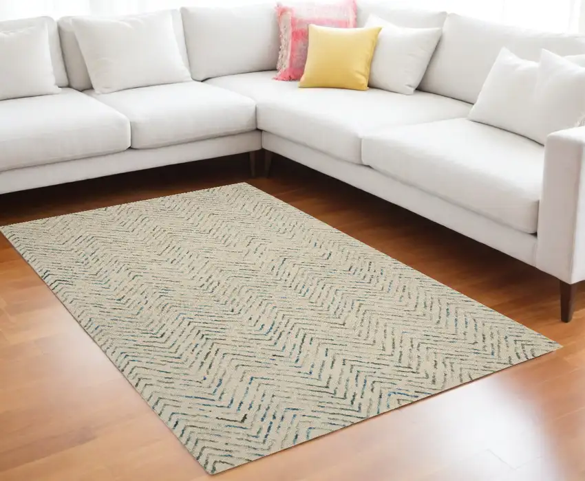 Ivory Blue and Green Wool Chevron Area Rug Photo 1