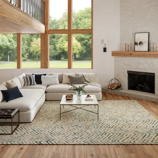 Ivory Blue and Green Wool Chevron Area Rug Photo 3